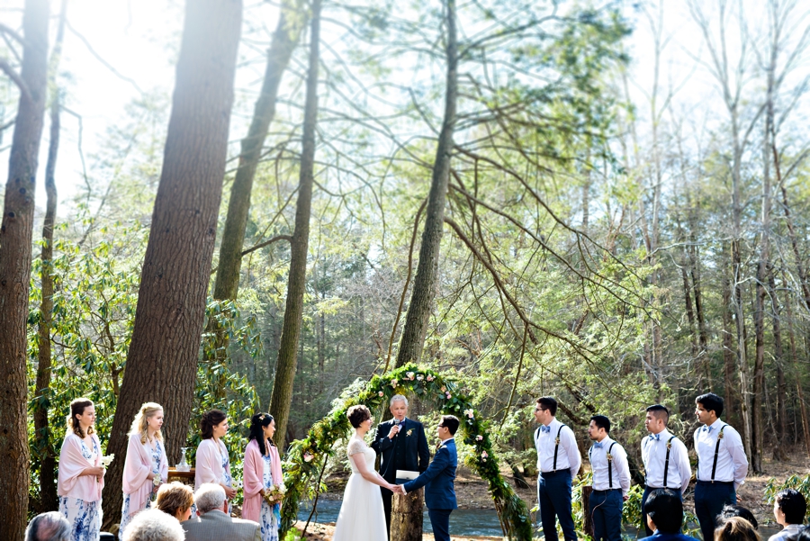 A beautiful rustic wedding ceremony in the woods at the Pump House B&B in Bloomsburg, PA.
